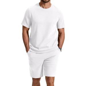 image:imageCOOFANDY Mens Cotton Waffle 2 Piece Outfits Casual Short Sleeve Shirts and Shorts Set Summer Jogging Tracksuit Lounge SetsWhite