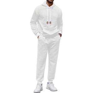 image:imageCOOFANDY Mens Tracksuit 2 Piece Hoodie Sweatsuit Sets Casual Athletic Jogging Suits Waffle Plaid Jacquard OutfitsWhite