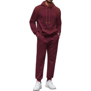 image:imageCOOFANDY Mens Tracksuit 2 Piece Hoodie Sweatsuit Sets Casual Athletic Jogging Suits Waffle Plaid Jacquard OutfitsWine Red