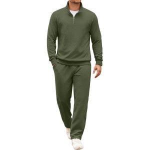 image:imageCOOFANDY Mens Tracksuit 2 Piece Set Geometric Texture Quarter Zip Pullover Sweatshirt Athletic Running SweatsuitsArmy Green