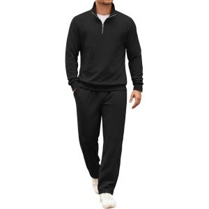 image:imageCOOFANDY Mens Tracksuit 2 Piece Set Geometric Texture Quarter Zip Pullover Sweatshirt Athletic Running SweatsuitsBlack