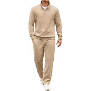 image:imageCOOFANDY Mens Tracksuit 2 Piece Set Geometric Texture Quarter Zip Pullover Sweatshirt Athletic Running SweatsuitsKhaki