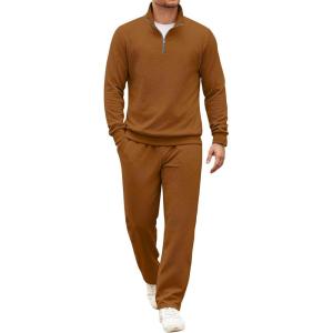 image:imageCOOFANDY Mens Tracksuit 2 Piece Set Geometric Texture Quarter Zip Pullover Sweatshirt Athletic Running SweatsuitsLight Brown