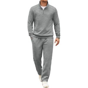 image:imageCOOFANDY Mens Tracksuit 2 Piece Set Geometric Texture Quarter Zip Pullover Sweatshirt Athletic Running SweatsuitsLight Grey