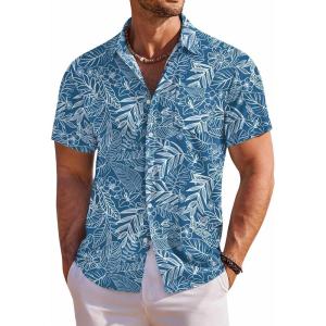 image:imageCOOFANDY Mens Hawaiian Shirt Short Sleeve Floral Button Down Shirts Tropical Holiday Beach ShirtsBlue White Leaves
