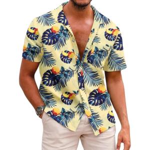 image:imageCOOFANDY Mens Hawaiian Shirts Short Sleeve Casual Button Down Tropical Beach ShirtLight Yellow  Navy Blue