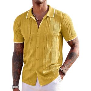 image:imageCOOFANDY Mens Knit Shirts Short Sleeve Button Down Polo Shirt Fashion Casual Summer Beach ShirtsClassic Yellow  White