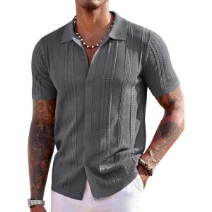 image:imageCOOFANDY Mens Knit Shirts Short Sleeve Button Down Polo Shirt Fashion Casual Summer Beach ShirtsDark Grey