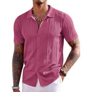 image:imageCOOFANDY Mens Knit Shirts Short Sleeve Button Down Polo Shirt Fashion Casual Summer Beach ShirtsMagenta