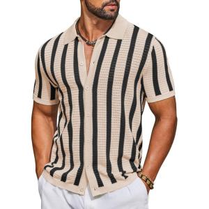 image:imageCOOFANDY Mens Knit Shirts Short Sleeve Button Down Polo Shirt Striped Casual Summer Beach ShirtsApricot  Black
