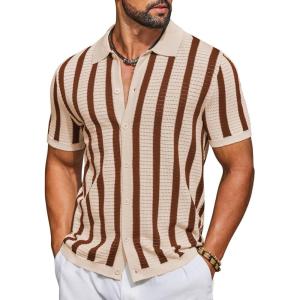 image:imageCOOFANDY Mens Knit Shirts Short Sleeve Button Down Polo Shirt Striped Casual Summer Beach ShirtsApricot  Caramel