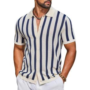 image:imageCOOFANDY Mens Knit Shirts Short Sleeve Button Down Polo Shirt Striped Casual Summer Beach ShirtsBeige  Navy Blue