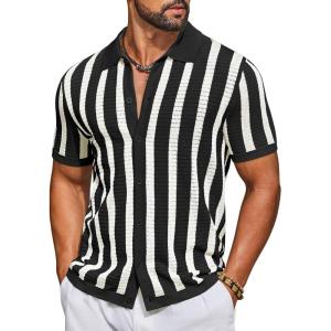 image:imageCOOFANDY Mens Knit Shirts Short Sleeve Button Down Polo Shirt Striped Casual Summer Beach ShirtsBlack  Beige