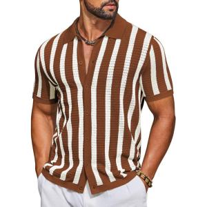 image:imageCOOFANDY Mens Knit Shirts Short Sleeve Button Down Polo Shirt Striped Casual Summer Beach ShirtsCaramel  Beige