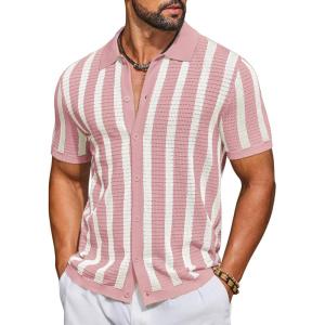 image:imageCOOFANDY Mens Knit Shirts Short Sleeve Button Down Polo Shirt Striped Casual Summer Beach ShirtsDusty Pink  Beige