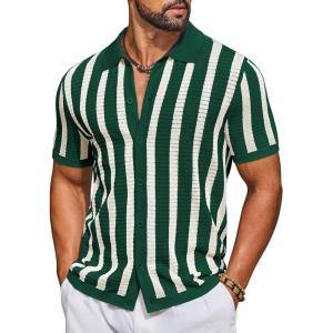 image:imageCOOFANDY Mens Knit Shirts Short Sleeve Button Down Polo Shirt Striped Casual Summer Beach ShirtsGreen  Beige