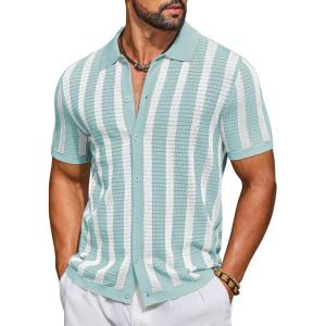 image:imageCOOFANDY Mens Knit Shirts Short Sleeve Button Down Polo Shirt Striped Casual Summer Beach ShirtsIce Green  White