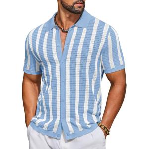 image:imageCOOFANDY Mens Knit Shirts Short Sleeve Button Down Polo Shirt Striped Casual Summer Beach ShirtsLight Blue  White