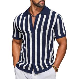 image:imageCOOFANDY Mens Knit Shirts Short Sleeve Button Down Polo Shirt Striped Casual Summer Beach ShirtsNavy Blue  White