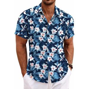 image:imageCOOFANDY Mens Linen Shirts Short Sleeve Casual Shirts Button Down Shirt for Men Beach Summer Wedding ShirtFloraldeep Blue White