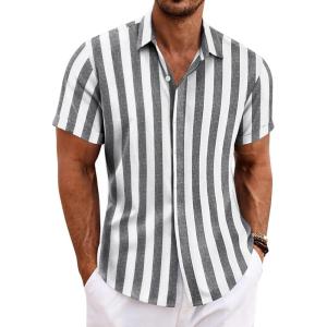 image:imageCOOFANDY Mens Linen Shirts Short Sleeve Casual Shirts Button Down Shirt for Men Beach Summer Wedding ShirtGreywhite Stripes