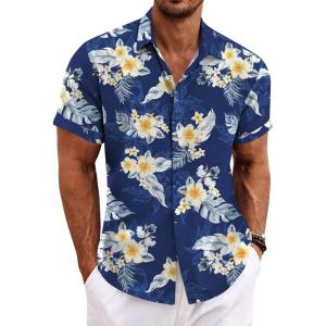 image:imageCOOFANDY Mens Linen Shirts Short Sleeve Casual Shirts Button Down Shirt for Men Beach Summer Wedding ShirtSummer Floralnavy Blue