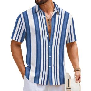 image:imageCOOFANDY Mens Short Sleeve Casual Shirts Button Down Striped Summer Shirts Textured Vacation Beach ShirtA WhiteBlue 03