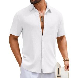 image:imageCOOFANDY Mens Short Sleeve Casual Shirts Button Down Striped Summer Shirts Textured Vacation Beach ShirtC Pure White