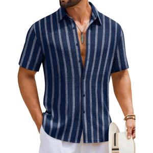 image:imageCOOFANDY Mens Short Sleeve Casual Shirts Button Down Striped Summer Shirts Textured Vacation Beach ShirtNavy BlueDark Grey