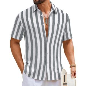 image:imageCOOFANDY Mens Short Sleeve Casual Shirts Button Down Striped Summer Shirts Textured Vacation Beach ShirtWhiteDark Grey