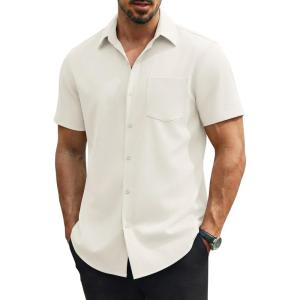 image:imageCOOFANDY Mens Stretch Dress Shirts Short Sleeve Casual Button Down Shirts with PocketCream