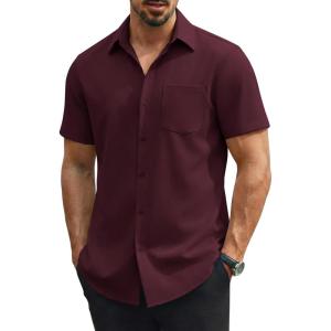 image:imageCOOFANDY Mens Stretch Dress Shirts Short Sleeve Casual Button Down Shirts with PocketDeep Red