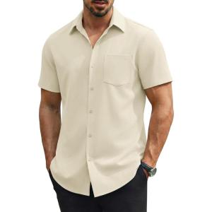 image:imageCOOFANDY Mens Stretch Dress Shirts Short Sleeve Casual Button Down Shirts with PocketLight Khaki