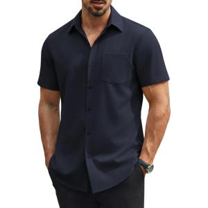 image:imageCOOFANDY Mens Stretch Dress Shirts Short Sleeve Casual Button Down Shirts with PocketMidnight Blue