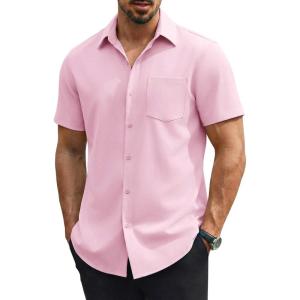 image:imageCOOFANDY Mens Stretch Dress Shirts Short Sleeve Casual Button Down Shirts with PocketPink