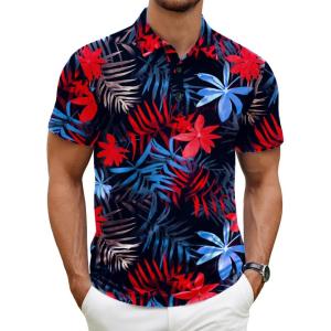 image:imageCOOFANDY Mens Polo Shirt Golf Quick Dry Performance Short Sleeve Moisture Wicking Athletic Polo Collared Tennis TShirtColorful Tropical Leaves