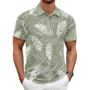image:imageCOOFANDY Mens Polo Shirt Golf Quick Dry Performance Short Sleeve Moisture Wicking Athletic Polo Collared Tennis TShirtGreen Palm Leaves
