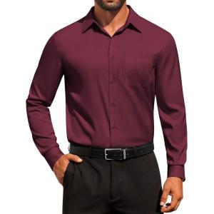 image:imageCOOFANDY Mens Dress Shirt Solid Long Sleeve Wrinkle Free Formal Shirt Business Button Down Shirts with PocketDark Red