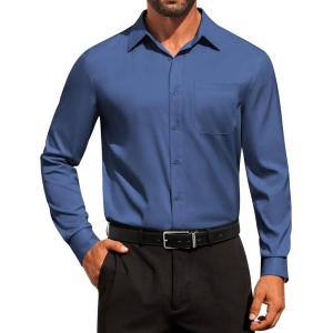 image:imageCOOFANDY Mens Dress Shirt Solid Long Sleeve Wrinkle Free Formal Shirt Business Button Down Shirts with PocketDenim Blue
