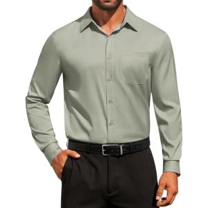 image:imageCOOFANDY Mens Dress Shirt Solid Long Sleeve Wrinkle Free Formal Shirt Business Button Down Shirts with PocketLight Green