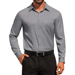 image:imageCOOFANDY Mens Dress Shirt Solid Long Sleeve Wrinkle Free Formal Shirt Business Button Down Shirts with PocketLight Grey