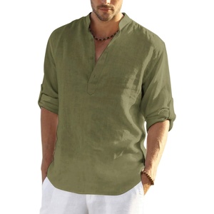 image:imageCOOFANDY Mens Cotton Linen Henley TShirt Long Sleeve Hippie Casual Beach TShirtsArmy Green