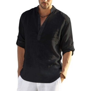 image:imageCOOFANDY Mens Cotton Linen Henley TShirt Long Sleeve Hippie Casual Beach TShirtsBlack