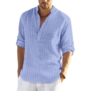 image:imageCOOFANDY Mens Cotton Linen Henley TShirt Long Sleeve Hippie Casual Beach TShirtsBlue Striped