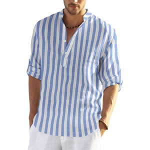 image:imageCOOFANDY Mens Cotton Linen Henley TShirt Long Sleeve Hippie Casual Beach TShirtsBlue White Striped