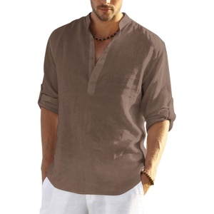 image:imageCOOFANDY Mens Cotton Linen Henley TShirt Long Sleeve Hippie Casual Beach TShirtsBrown