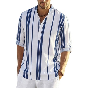 image:imageCOOFANDY Mens Cotton Linen Henley TShirt Long Sleeve Hippie Casual Beach TShirtsDark Blue Stripes