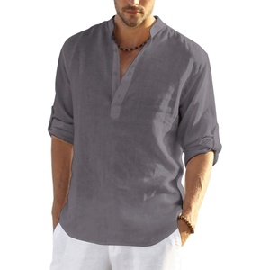 image:imageCOOFANDY Mens Cotton Linen Henley TShirt Long Sleeve Hippie Casual Beach TShirtsDark Gray
