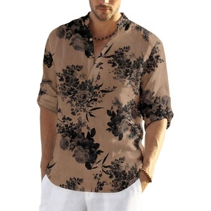 image:imageCOOFANDY Mens Cotton Linen Henley TShirt Long Sleeve Hippie Casual Beach TShirtsDark Khaki Floral