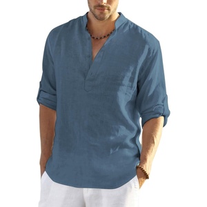 image:imageCOOFANDY Mens Cotton Linen Henley TShirt Long Sleeve Hippie Casual Beach TShirtsDenim Blue